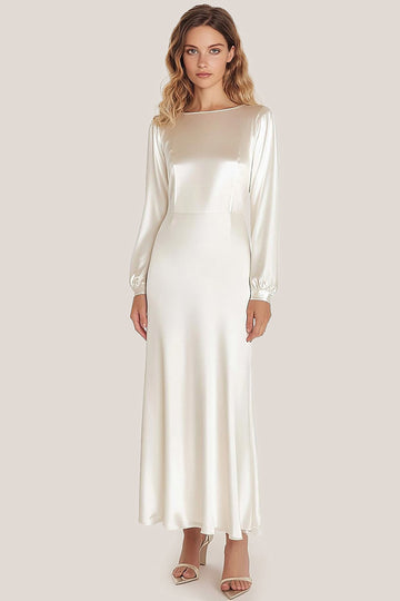 Ivory Satin Boat Neck A-Line Long Formal Dress with Long Sleeves